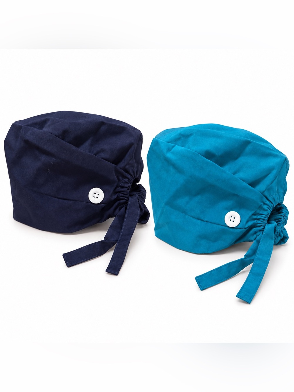 2 Scrub Caps with Buttons & Ties – Navy Blue and Teal